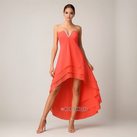 La Femme Hot Coral Strapless High Low Prom Dress Embellished Formal Gown Size 6 - Picture 1 of 13